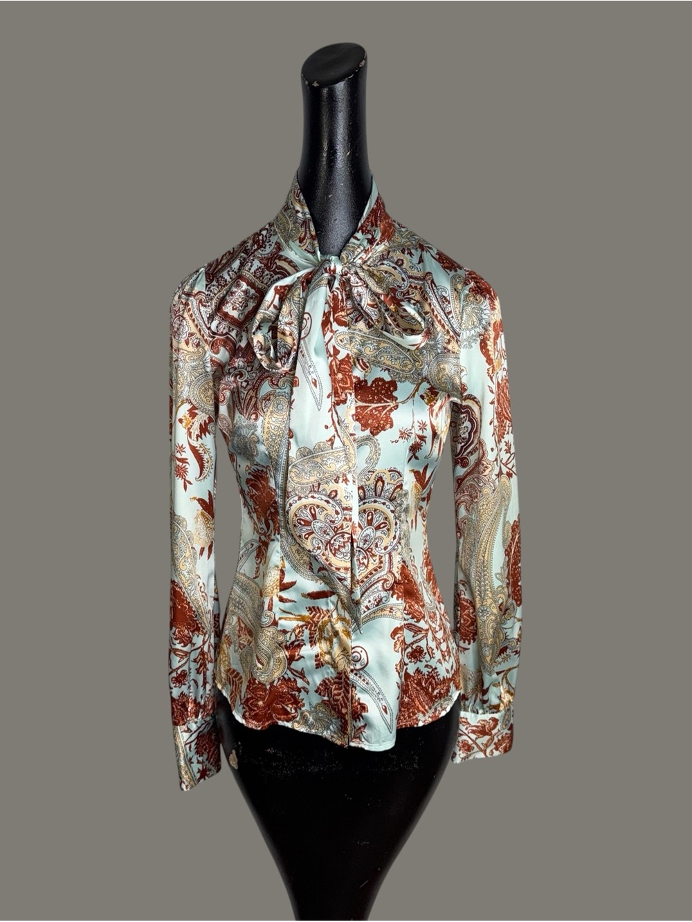Hawes & Curtis Fitted Paisley Bow-Tie Blouse - Mint & Rust